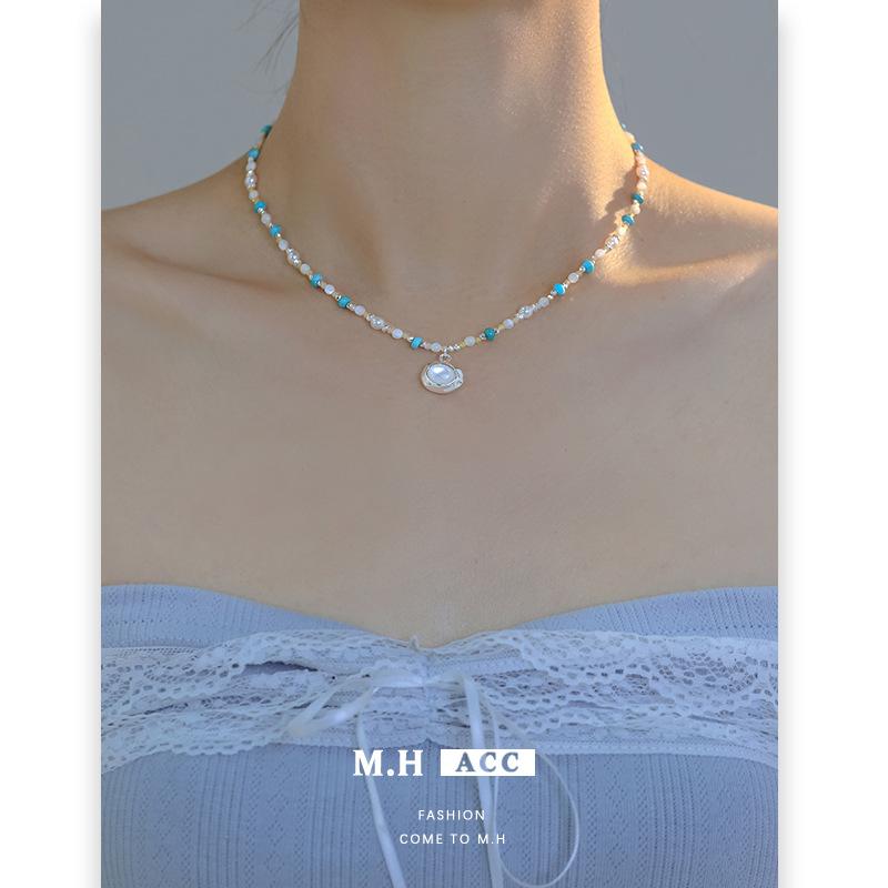 Fransk retro turkos pärlhalsband utsökt temperament mångsidig nyckelbenskedja halskedja grossist