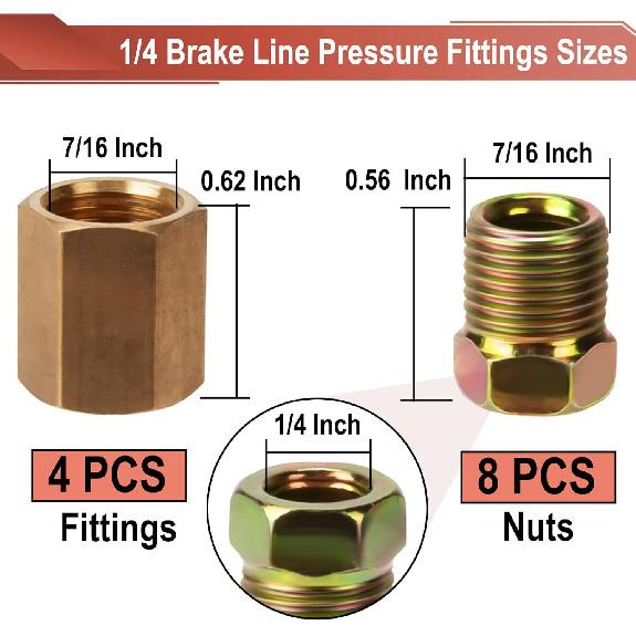 1/4 Zoll Bremsleitungsdruckverschraubungen, 12 Stück 7/16 Zoll-24 Gewinde Messing Bremsleitungsverschraubungs-Sortiment Für 1/4 Zoll Bremsleitungsrohr (4 Muttern, 8 Schrauben)
