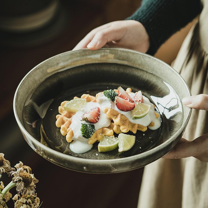 Kiln Ceramic Bowl Retro Style Tableware Shallow Bowl Salad Bowl Household Dish Bowl Large Bowl Japanese Noodle Bowl Thick Bottom Bowl