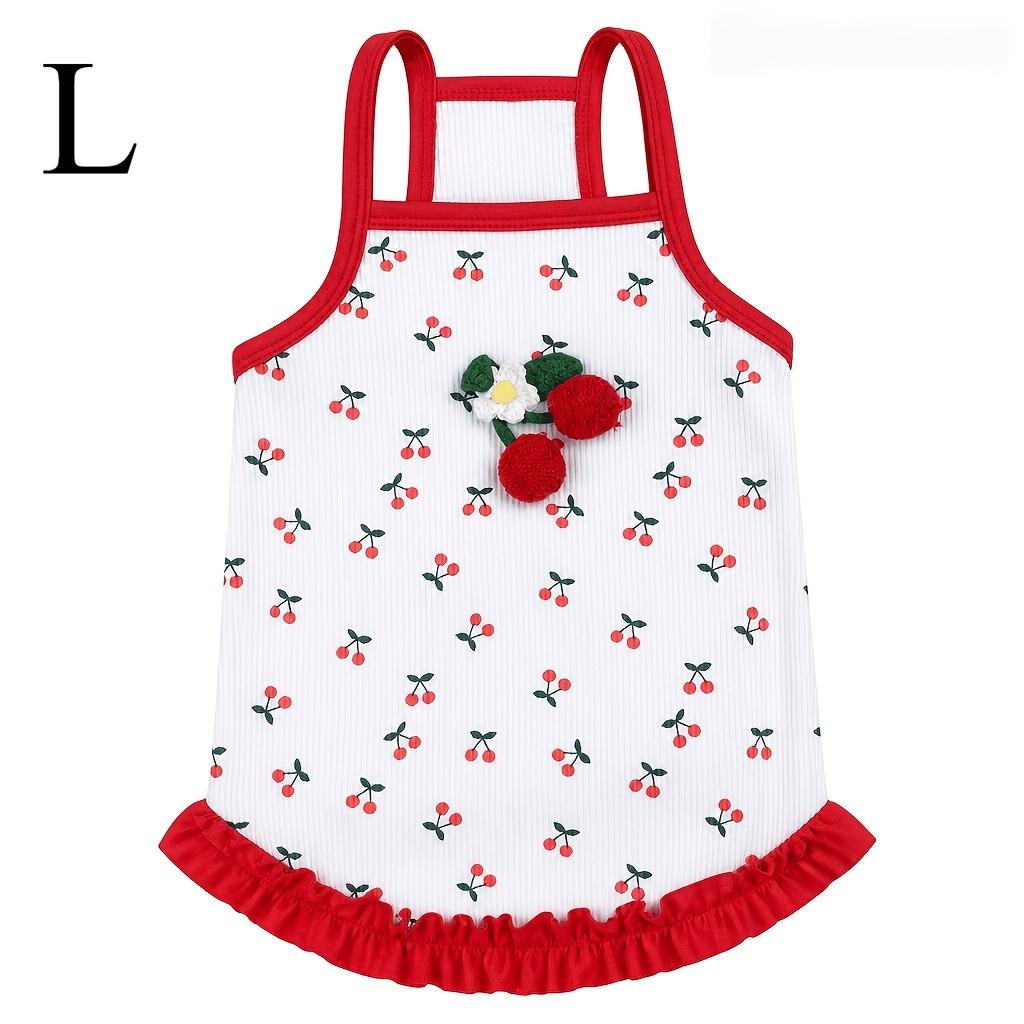 1Pc Pet Outfit, White Vertical Ribbed Sleeveless Camisole Vest with 3D Cherry Flower Red Ruffle Hem for Small Dogs and Cats