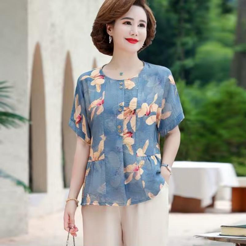 

Летний женский новый пуловер с круглым вырезом и принтом в виде цветов, модный повседневный топ из хлопка и льна с коротким рукавом 5XL синий