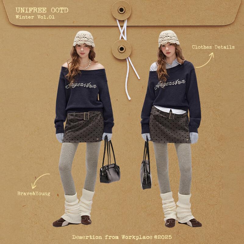UNIFREE Off-Shoulder Letter Jacquard Knit Sweater