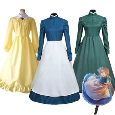 Classic Anime Howl's Moving Castle Sophie Cosplay Blue Yellow Green Long Dress Women Halloween Carnival Costumes