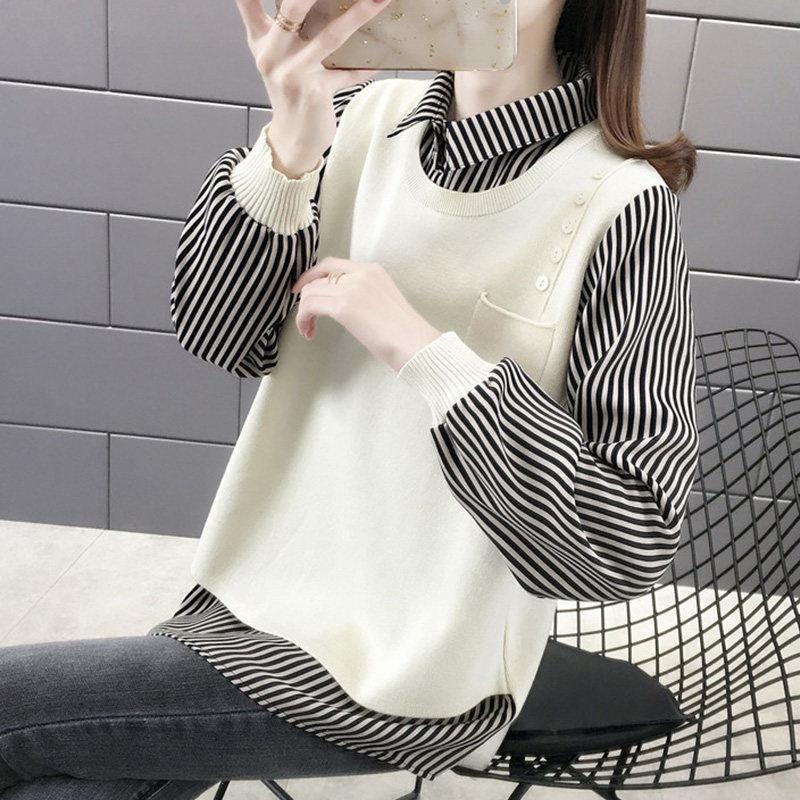 Sweater Women Autumn New Outer Wear Loose Shirt Collar Fake Two Piece Knit Sweater