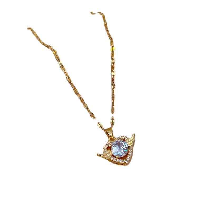 Light Luxury Micro-Inlaid With Real Gold Angel Heart Necklace Women'S New Collarbone Chain Light Luxury Niche Design