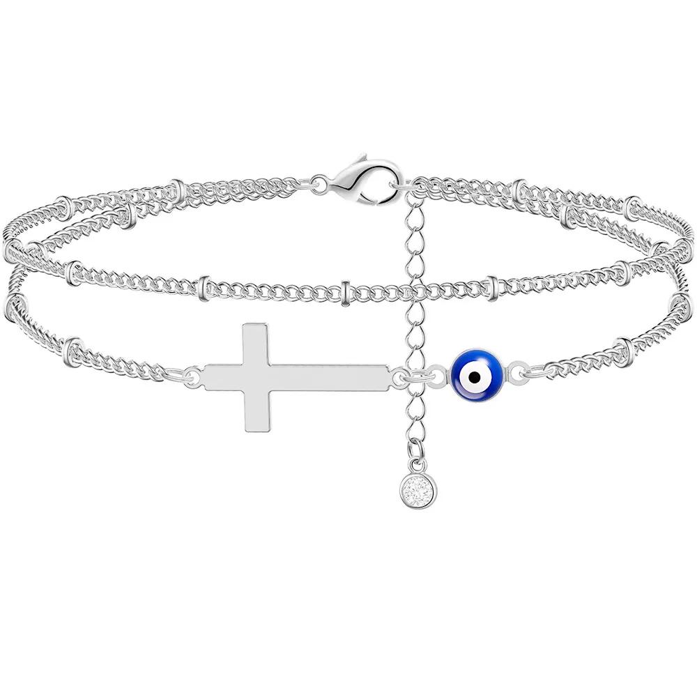 

Turkey Blue Eye Of Evil Anklet For Women Summer Beach Stainless Steel Cross Ankle Bracelet Female Never Fade Jewelry
