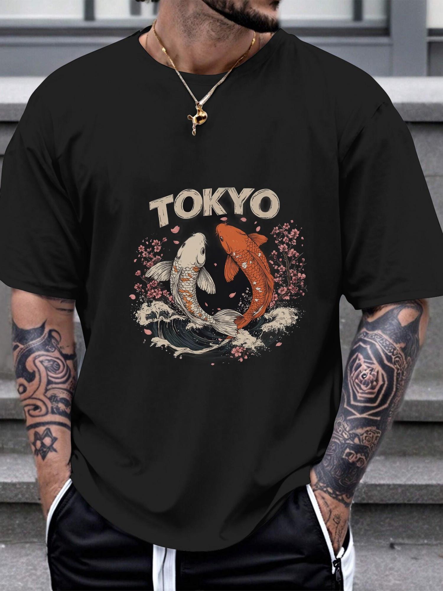 Tokyo Koi Fish & Cherry Blossom Black T-shirt - 180g Cotton S