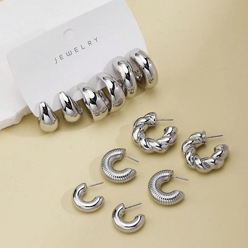 6Pcs Classic Geometry Glossy Ccb Silver Color Twists C Shape Hoop Earrings Set for Women Teens Vintage Daily Wear Ear Jewelry