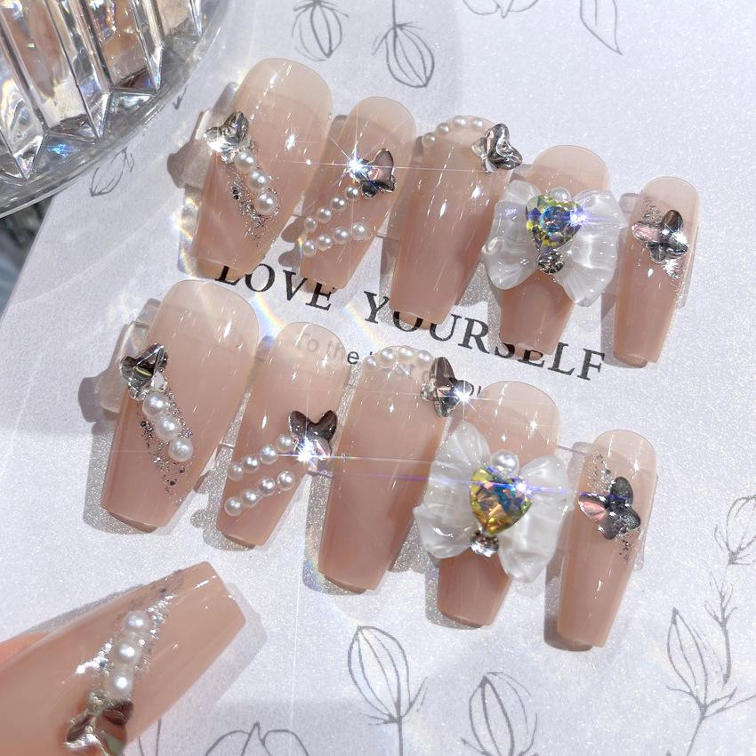 24 Pcs Long Press On Nails With Diamond Pearl Glitter Design Reusable Acrylic Artificial Nail Tips Set