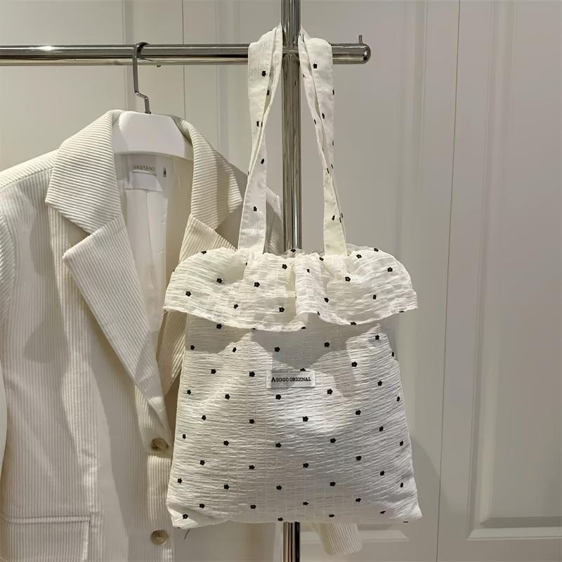

1pc Women s Casual Tote Bag - Polka Dot & Floral Design with Ruffled Bow, Large Capacity Single Shoulder Bag, Durable & Polyester Lining белый