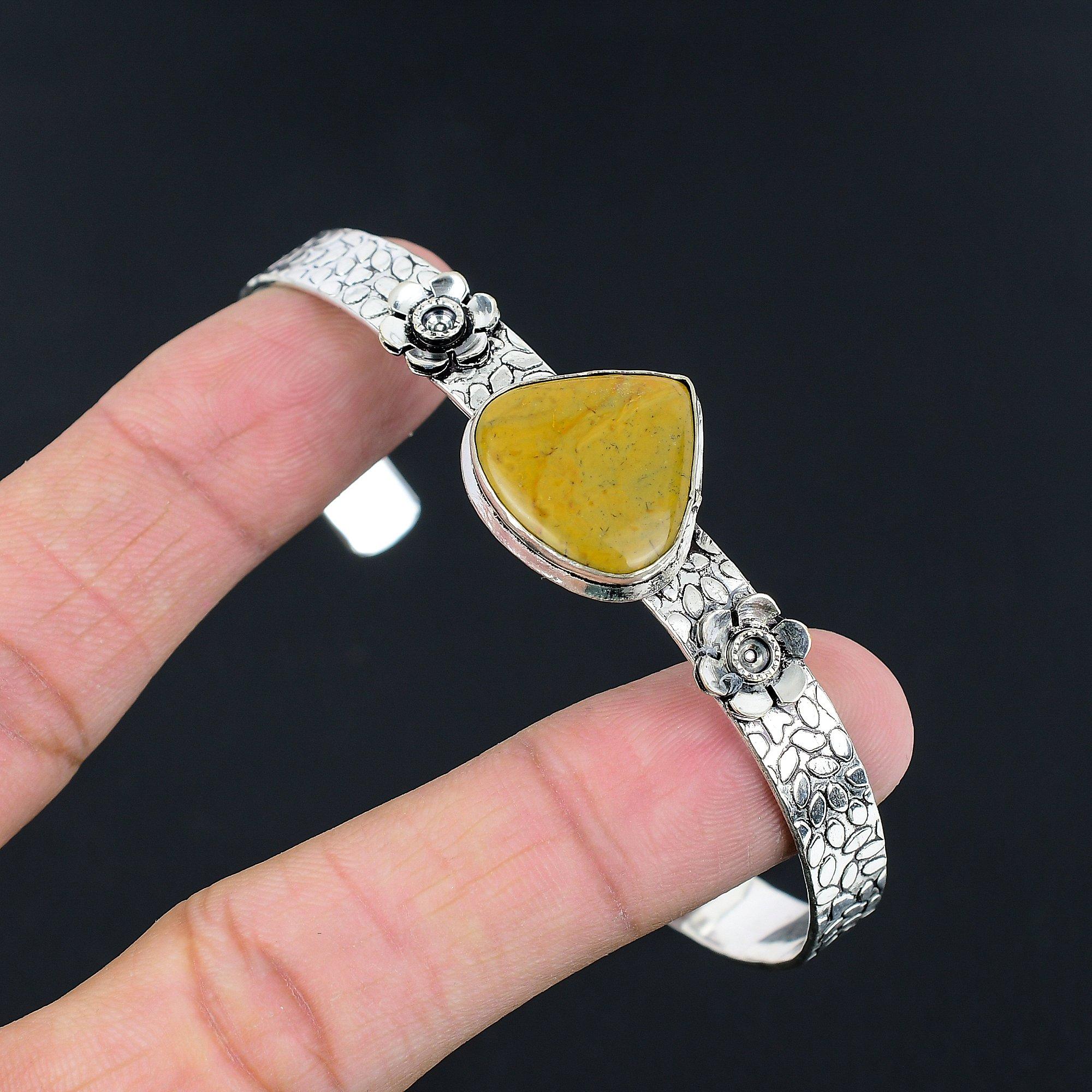 

925 Sterling Silver Landscape Jasper Stone Artisan Flower Wedding Bangle Jewelry Adjustable