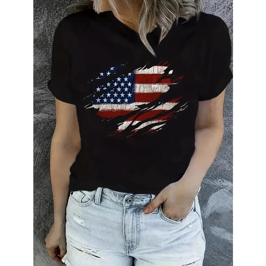 Women's American Flag & Butterfly Print Crew Neck T-Shirt - Casual Short Sleeve Spring/Autumn Top Vibrant Colors Printed Top