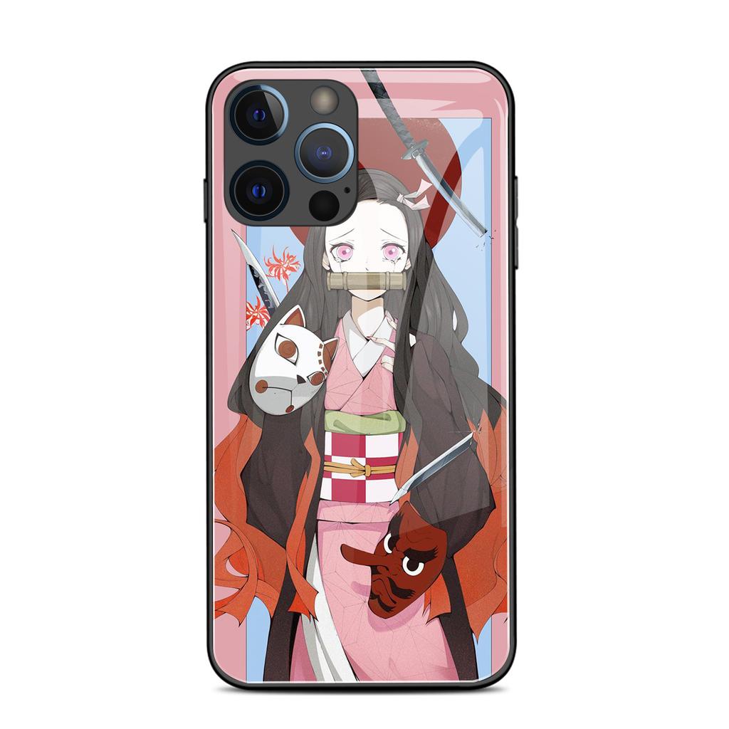 Japanische Demon Slayer Cartoon Handyhülle mit Rückseite aus gehärtetem Glas für iPhone 6 7 8 14 Plus X Xs Max Xr 11 12 13 14 Pro Max Se