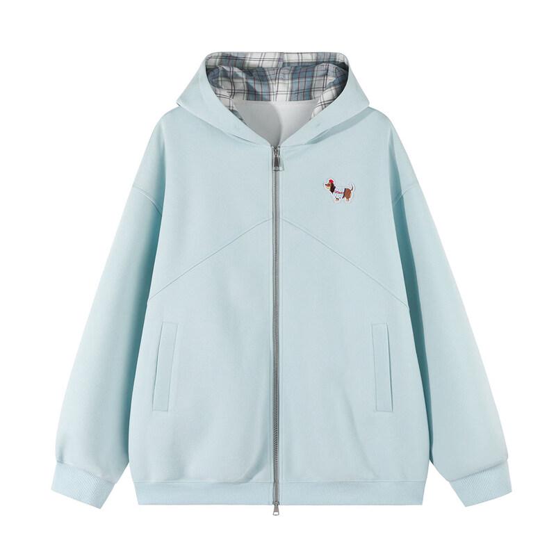 LEMANISM Dachshund Plaid Hooded Zip-Up Jacket