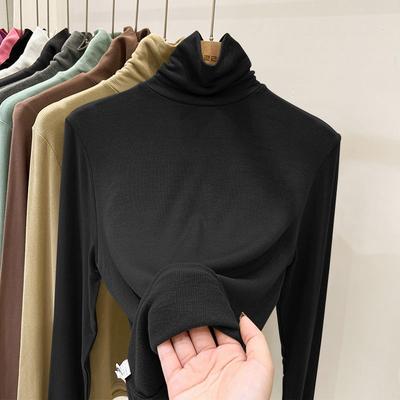 Elegant Threaded Turtleneck Base Shirt Women's Spring Vintage Underwear Thin Slim T-shirt Office Lady Heap Collar Casual Tops 2026 New