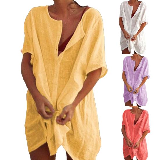 Plus Size Summer Women Solid Color Deep V Neck Short Sleeve Loose Cover Up Dress