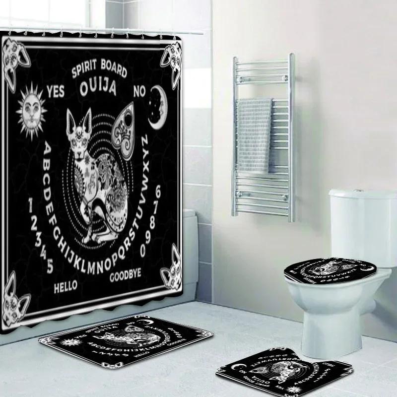 Funny Dancing Skeleton Magic Ouija Board Bathroom Shower Curtain Set Black Skull Bath Mats Rugs Witchy Halloween Home Decor