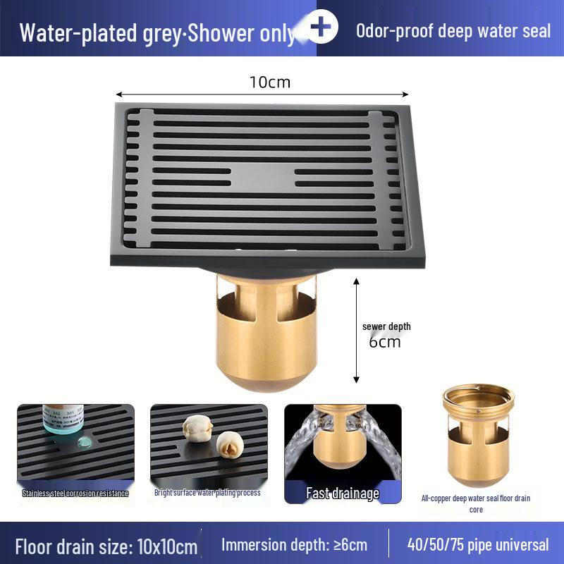 Gunmetal Gray 304 Stainless Steel Odor-Resistant Floor Drain with Copper Core for Shower & Washing Machine.