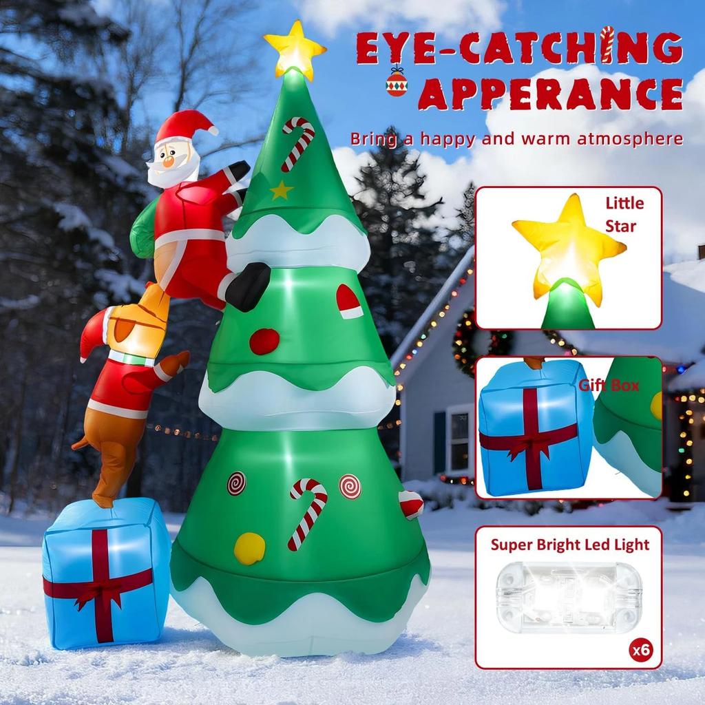 7FT Inflatable Christmas Tree Santa Claus Blow Up Model Decoration With Built-In LED For Xmas Party Holiday Indoor Outdoor Yard