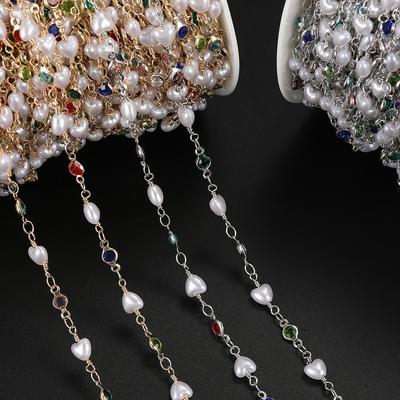 1m Copper Beaded Chain With Heart Shaped Artifical Pearls for Handmade DIY Necklace Bracelet Ankle Chains Jewelry Making Chain