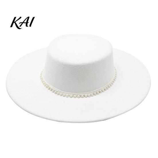 Luxury Faux Pearl Trimmed Hat Wide Brim Wool Felt for Women, Vintage Flat Top Fedora with Trim, Elegant Winter Cap Autumn Fashion Accessories Stylish