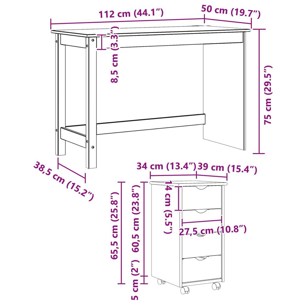 Desk Cabinet Set 2 Pieces White Solid Pine Wood