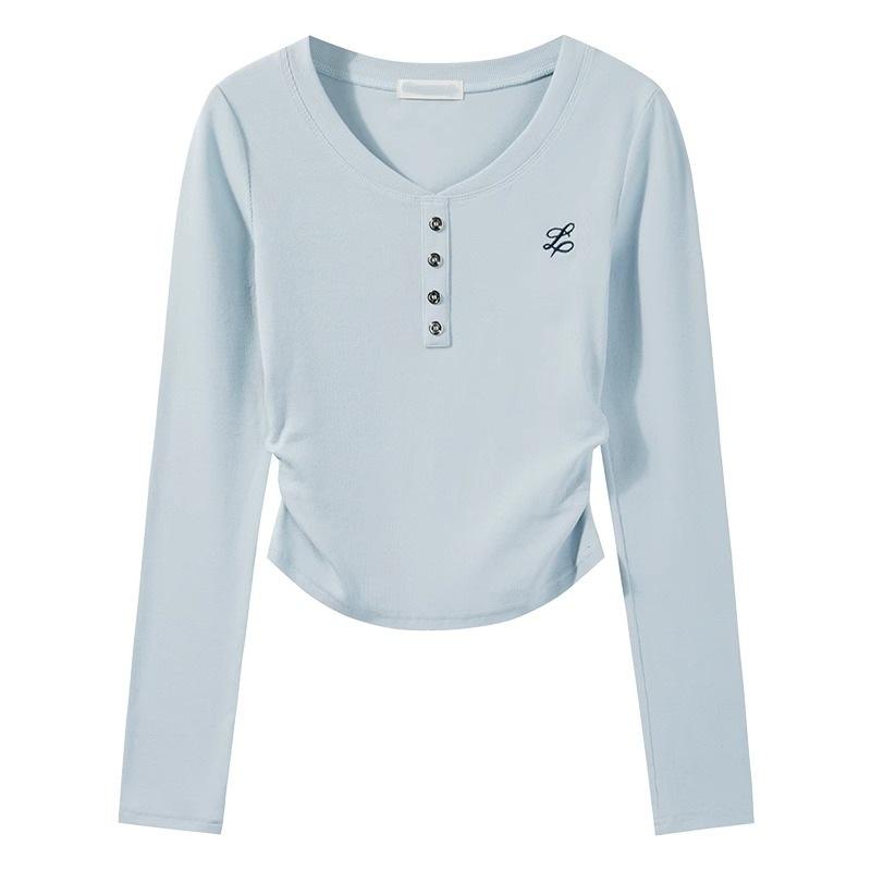 Milk Blue T-shirt Women's Bow Embroidered Bottoming Shirt Early Spring Card Waist Pinch Pleated Long Sleeve Inside Chic Top