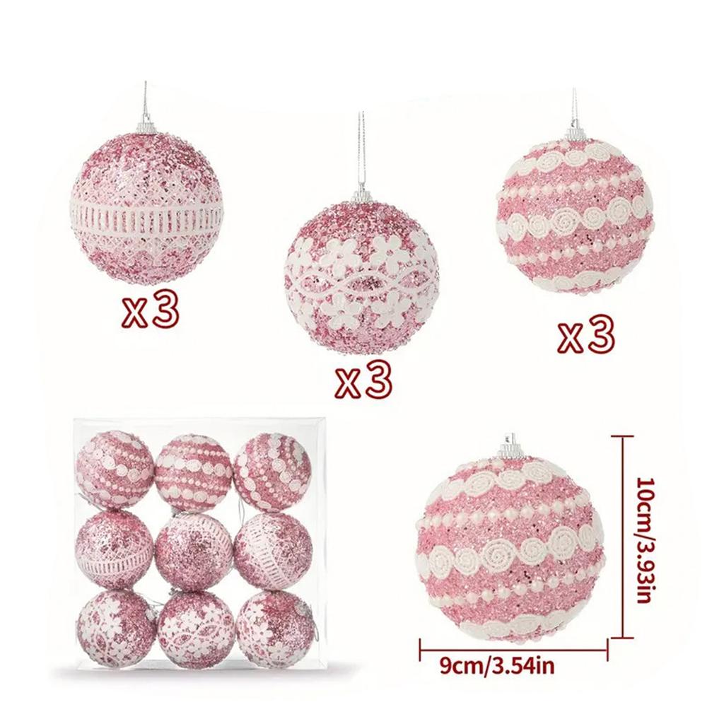Christmas Ball Ornaments Set 9Pcs Glitter Pink Floral Ball Hanging Decorations Shatterproof Baubles for Party
