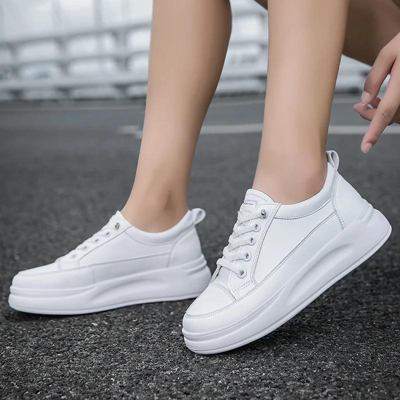 BKQU Leather Women's White Casual Shoes Woman Vulcanized Sneakers Slip on Sports Shoes Walking Running Platform Flats Footwear