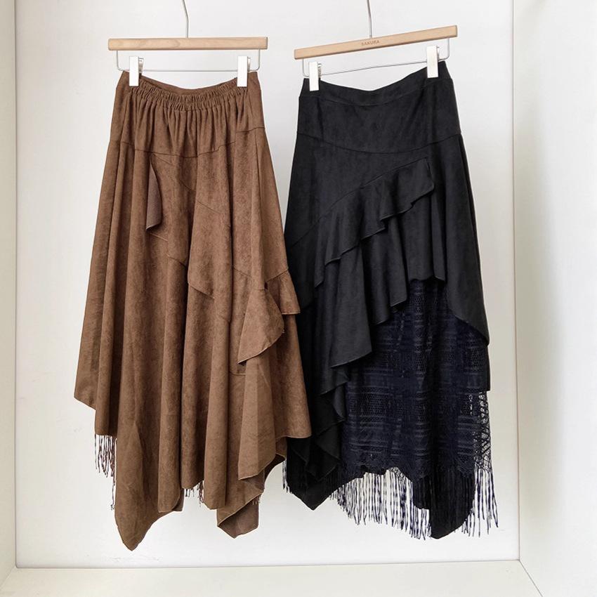 Lace splicing high waist cover slim mid-length skirt women's autumn new Korean version of versatile a-word skirt