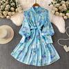 Spring Autumn Vintage Hydrangea Print  Long Sleeve Short Dress for Women Fashion Stand Collar Belt Slimming Ruffles Splice Mini Dress