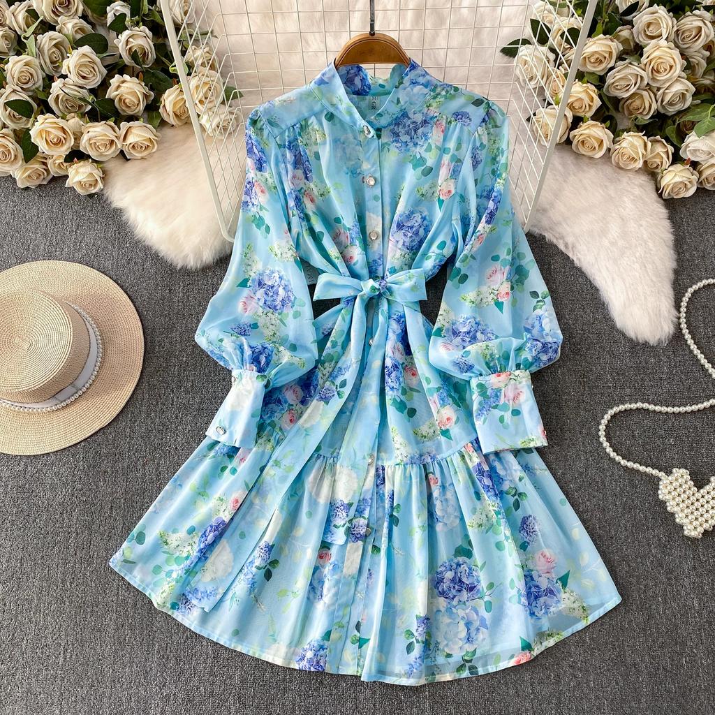 Spring Autumn Vintage Hydrangea Print  Long Sleeve Short Dress for Women Fashion Stand Collar Belt Slimming Ruffles Splice Mini Dress