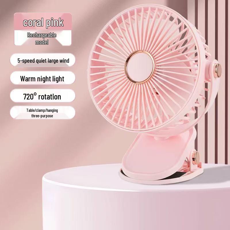 Portable Rechargeable Silent Night Light Mini Clip-on Fan for Desk, Dorm, Stroller, or Bed