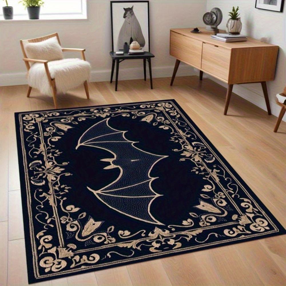 1pc Large Halloween Bat Area Mat Mat - Gothic Navy Blue & Golden floor mat with, Machine Washable Non-Slip Backing, Spooky Home