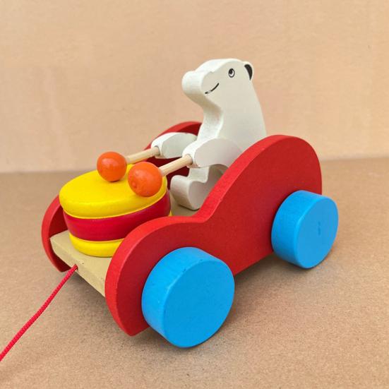 Pull String Wooden Car Toy Toddlers Boys Girls Cartoon Animal Drum Beating Vehicle Toy Educational Motor Skill Early Development Pulling Rope Car