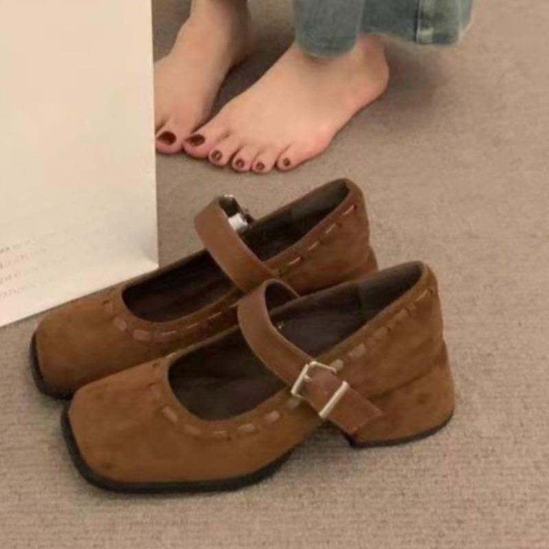 Vintage One Strap Block Heel Single Shoes Fashion Square Toe Shallow Mouth Soft Sole Non-slip Kitten Heels