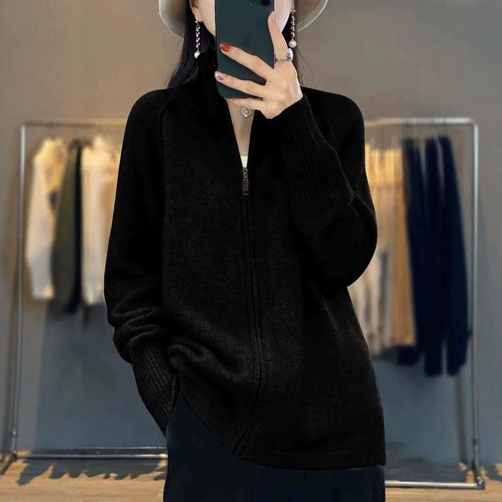 European and American Pure Color Half-High Collar Knit Zipper Sweater for Women - Autumn/Winter Loose Slimming Cardigan