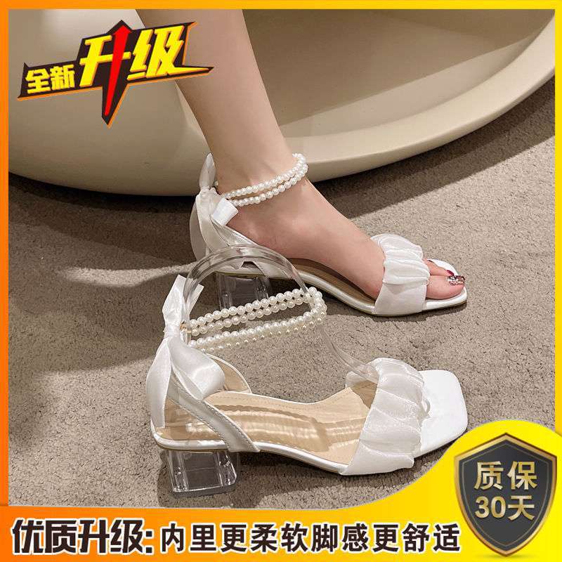 French Niche Pearl High-heeled Sandals Female Summer 2025 New Medium Heel Crystal Fairy Style Versatile Ins Tide