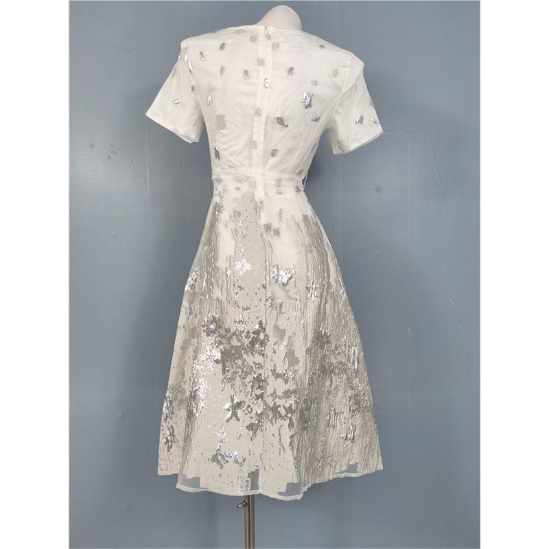 Entry Lux Classy Exquisite Classic Style Jacquard Bright Silk Thread Adult Lady Like Woman Wide Hem Gauzy Short Sleeve Waist-Controlled Dress Women