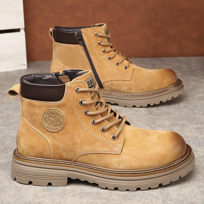 Mens Genuine Leather Martin Boots Winter Warm Lined Thick Sole Slip Resistant Casual Workwear Yellow Brown