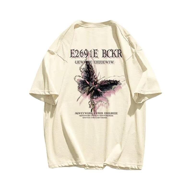 Unisex Retro Hong Kong Style Five-Sleeve White T-Shirt - Loose Summer Fit for Couples, Trendy Short-Sleeve Top