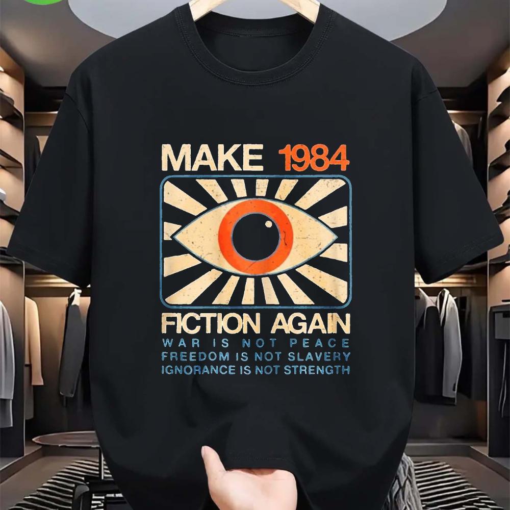 UnisexS 1984 Fiction Again Graphic TShirt Vintage Big Brother Eye Design Tee Featuring The Slogan Make 1984 Fiction Again S
