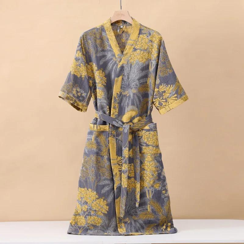 Cotton Fashionable Printed Half Sleeve Kimono Bathrobe for Spring and Summer Thin Home Wear Absorbent Quick Drying Sleeping Robe