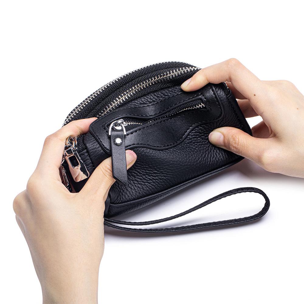Wallet for Women Double Zipper Coin Purses Lightweight Portable Wristband Wallets Genuine Leather Change Organizer with 2 Zipper
