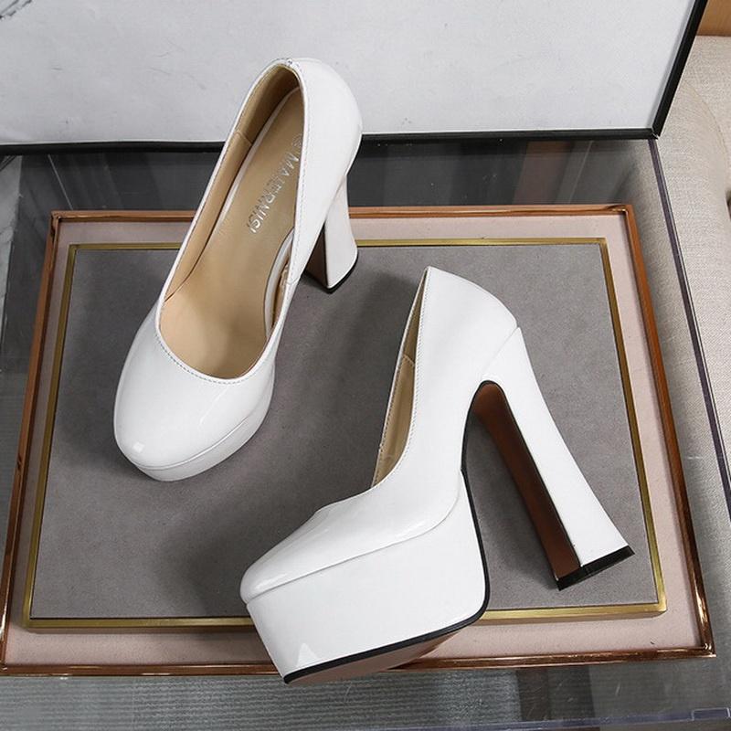 Kadın Rugan Yüksek topuklu ayakkabılar Bayan Su Geçirmez Platform Yüksek Topuklu Kadın Yuvarlak Ayak Kalın Topuk Tek Ayakkabı Kadın Ofis iş ayakkabısı OL Ayakkabı