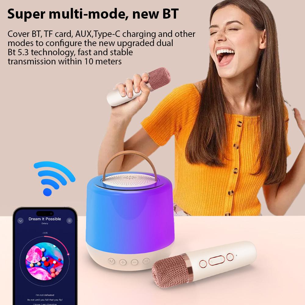 Karaokemaskin Mini trådløs mikrofon og høyttalersett med 2 mikrofoner Home KTV Sett LED farge