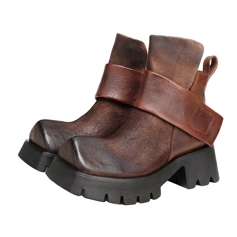 Johnature Genuine Leather Square Toe Short Boots Retro Thick Sole Thick Heels Women's Shoes