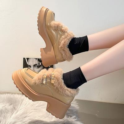 Fashion Shoes Woman Flats Round Toe Clogs Platform Loafers With Fur Increas Height Dress New Winter Creepers Slip-on Solid Short Plush F