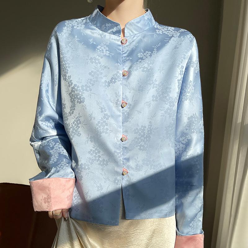 Women's Retro Satin Mandarin Collar Cardigan - Loose Fit, Light National Style Tang Jacket