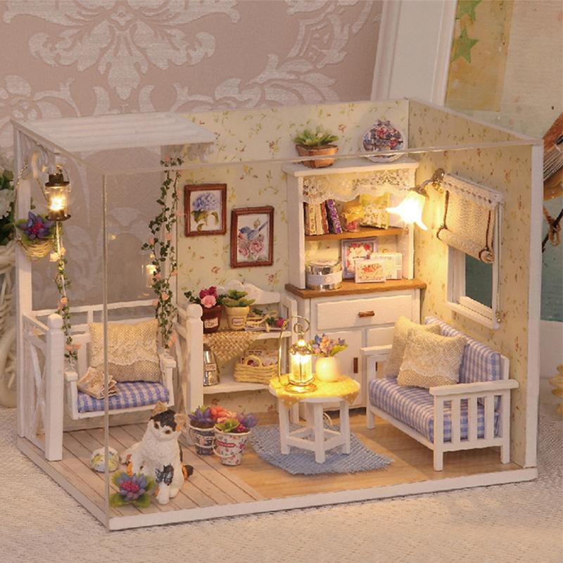 Casă de păpuși mini din lemn, puzzle 3D de asamblat, model de construcție, jucării, decorațiune pentru casă, dormitor, cu mobilier, lumini LED, jucărie, cadouri de Crăciun